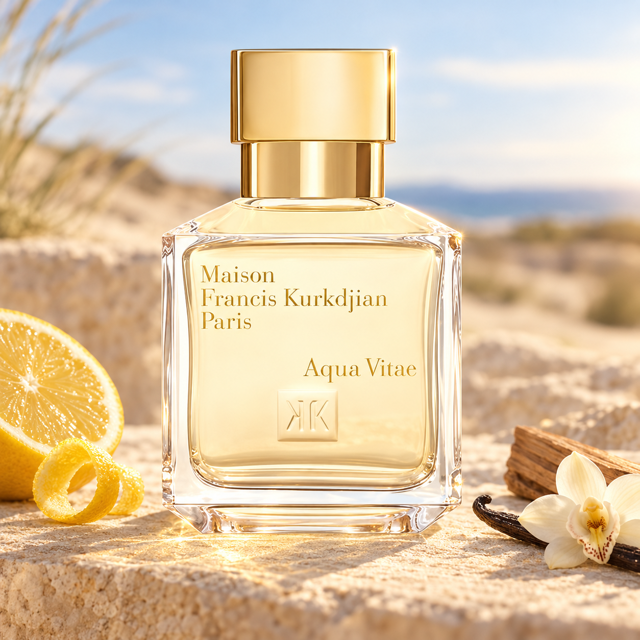 Maison Francis Kurkdjian Aqua Vitae on sunlit limestone beside lemon, a vanilla orchid and pod, and wood, with sandy dunes softly blurred behind it.