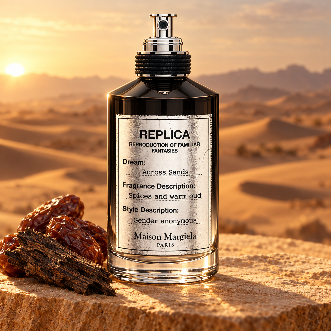 Maison Margiela Across Sands perfume beside dates and oud wood on sandstone, with golden desert dunes behind it.