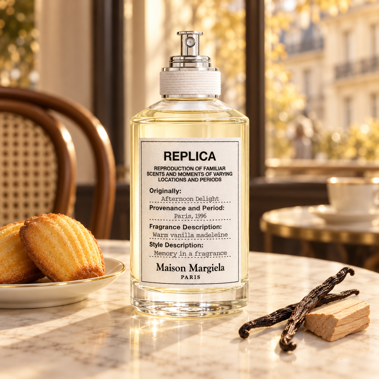 Maison Margiela Afternoon Delight beside golden madeleines, vanilla pods, and sandalwood on a marble table in a warmly sunlit Parisian café.