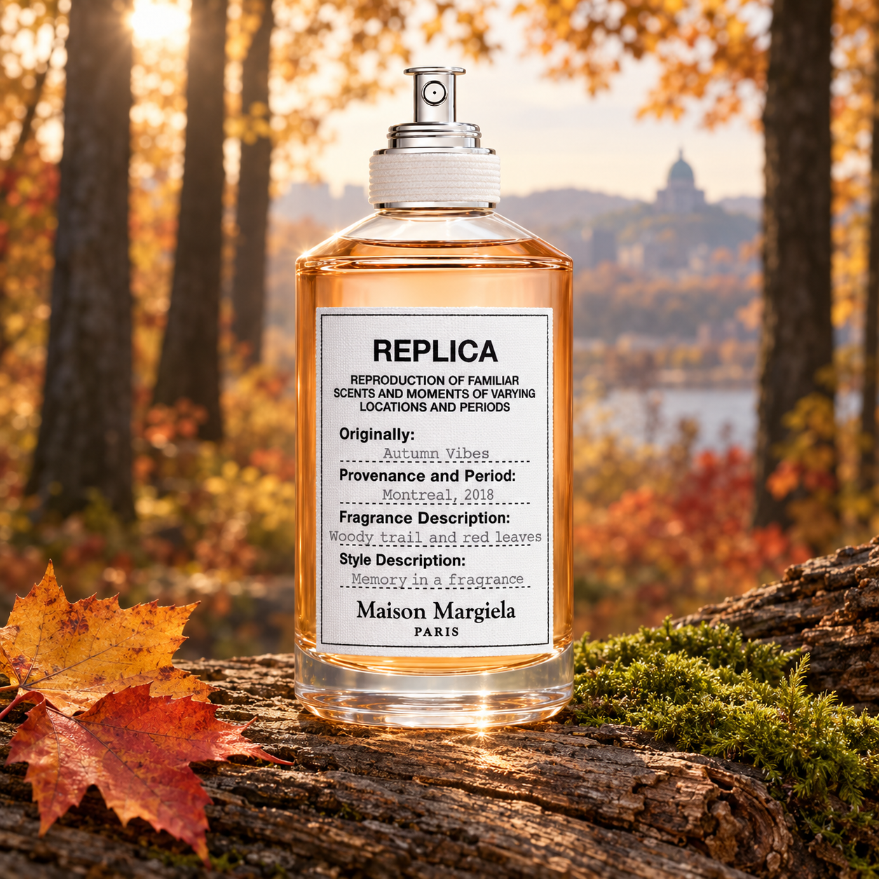 Maison Margiela Replica Autumn Vibes on a mossy log beside fallen maple leaves, with golden woodland in soft sunlight.