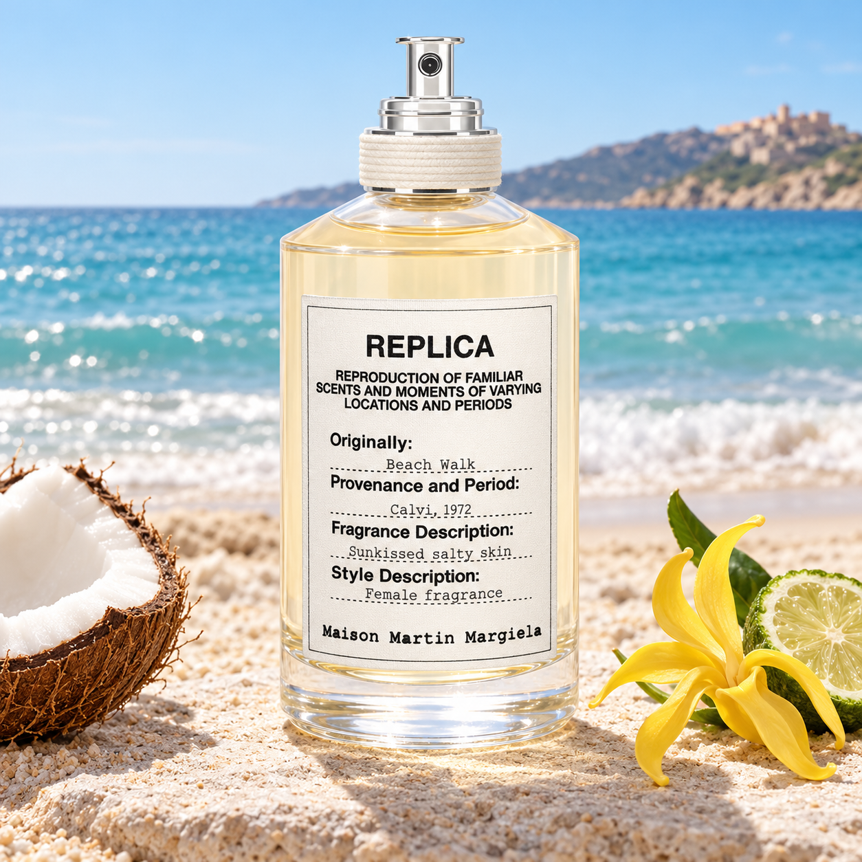 Maison Margiela Replica Beach Walk on sunlit sand beside coconut, yellow ylang-ylang, and bergamot overlooking turquoise waves.