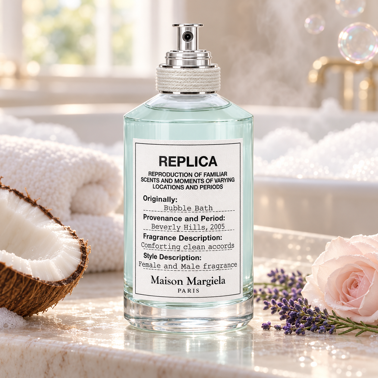 Maison Margiela Replica Bubble Bath beside coconut, lavender, and a pale rose, with plush towels and a foamy bath in soft daylight.