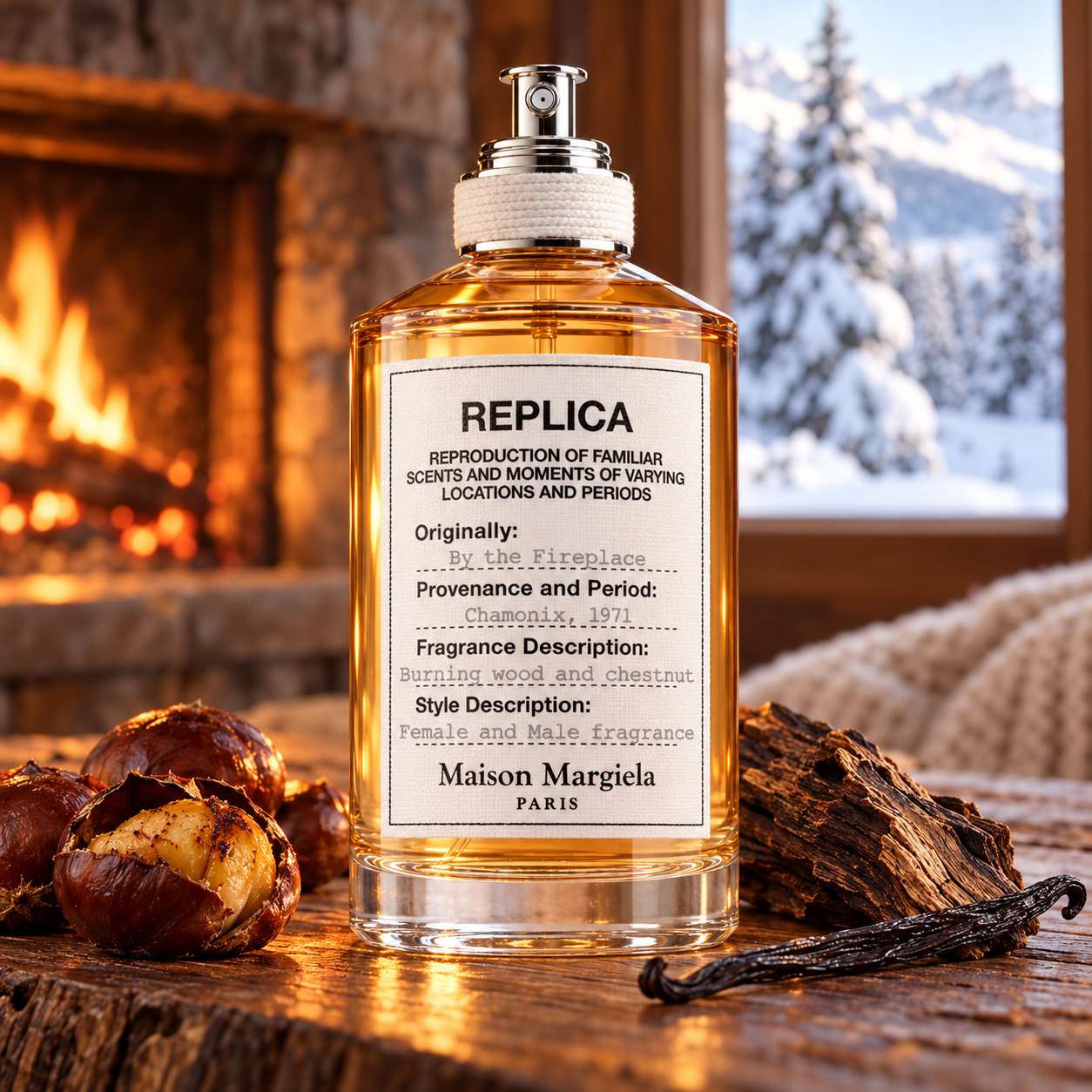 Maison Margiela By the Fireplace with roasted chestnuts, vanilla, and wood beside a glowing hearth and snowy window.