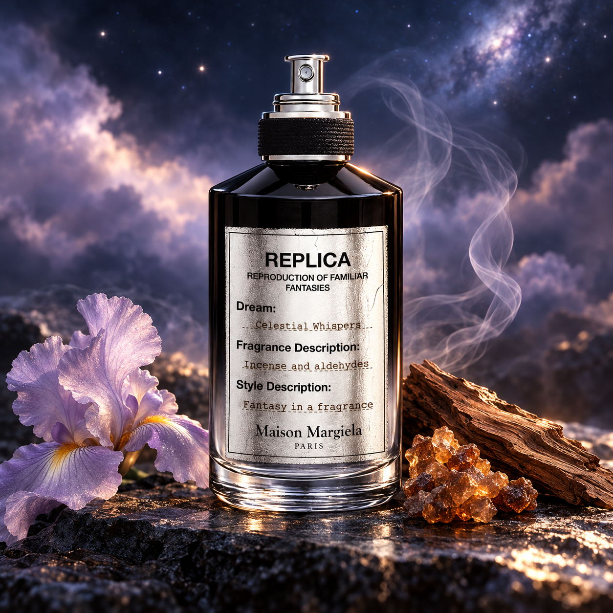 Maison Margiela Celestial Whispers beside lavender iris, myrrh resin, and cedar wood, with curling smoke against a cloudy, starry sky.