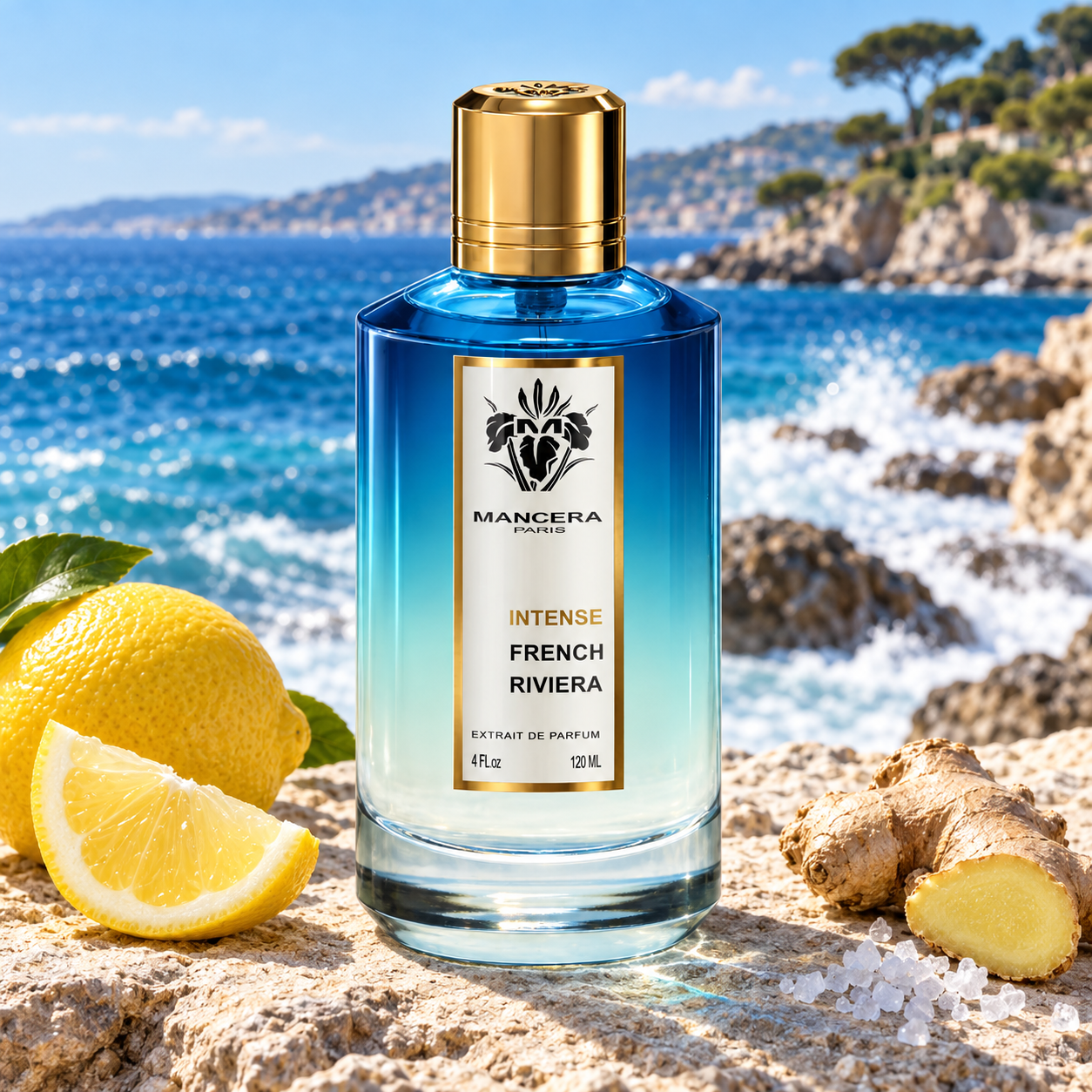 Mancera Intense French Riviera stands on sunlit coastal stone beside lemon, ginger, and sea salt, with turquoise waves and a rocky Mediterranean shoreline behind it