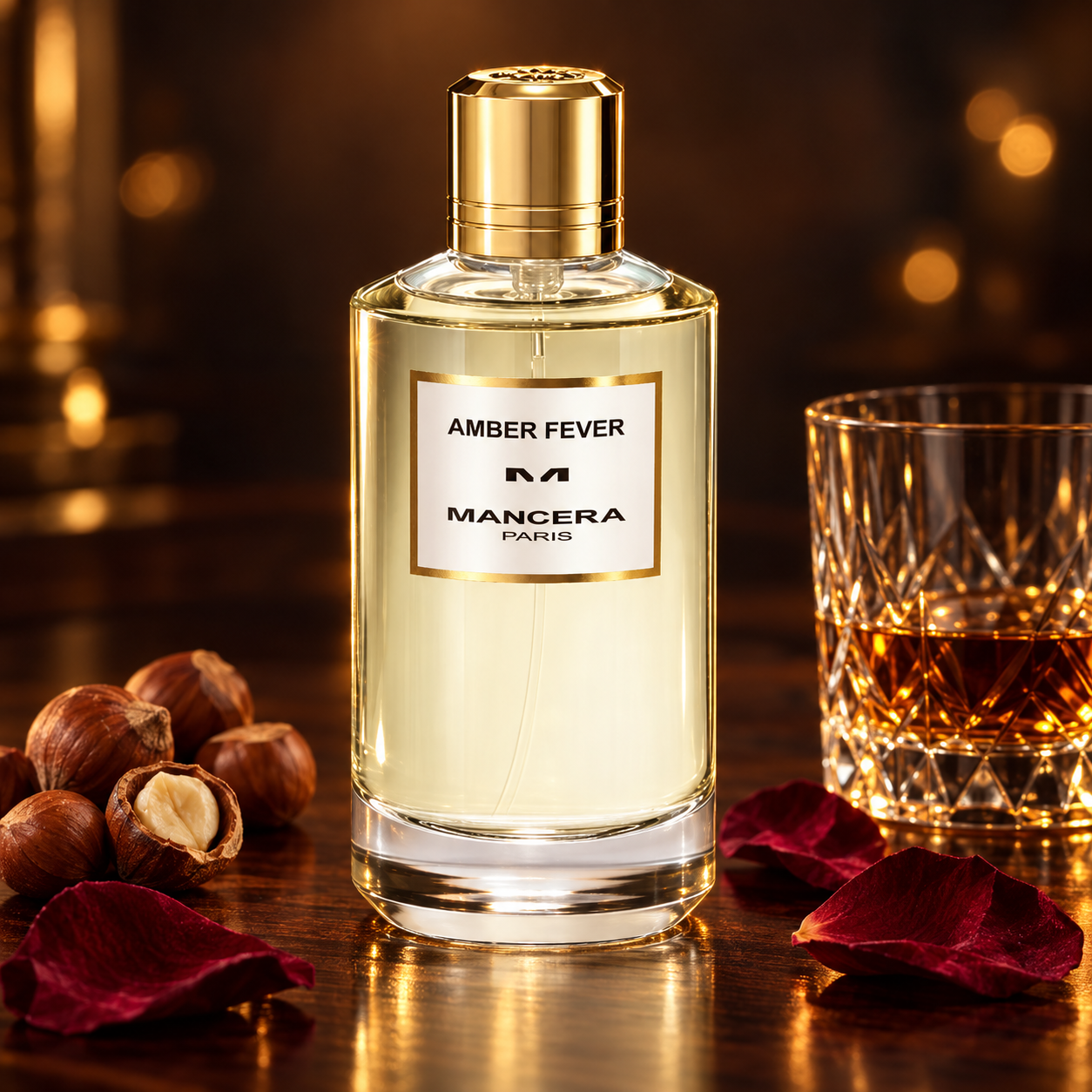Mancera Amber Fever bottle beside hazelnuts, burgundy rose petals, and a crystal glass of whisky on dark wood in warm amber light.