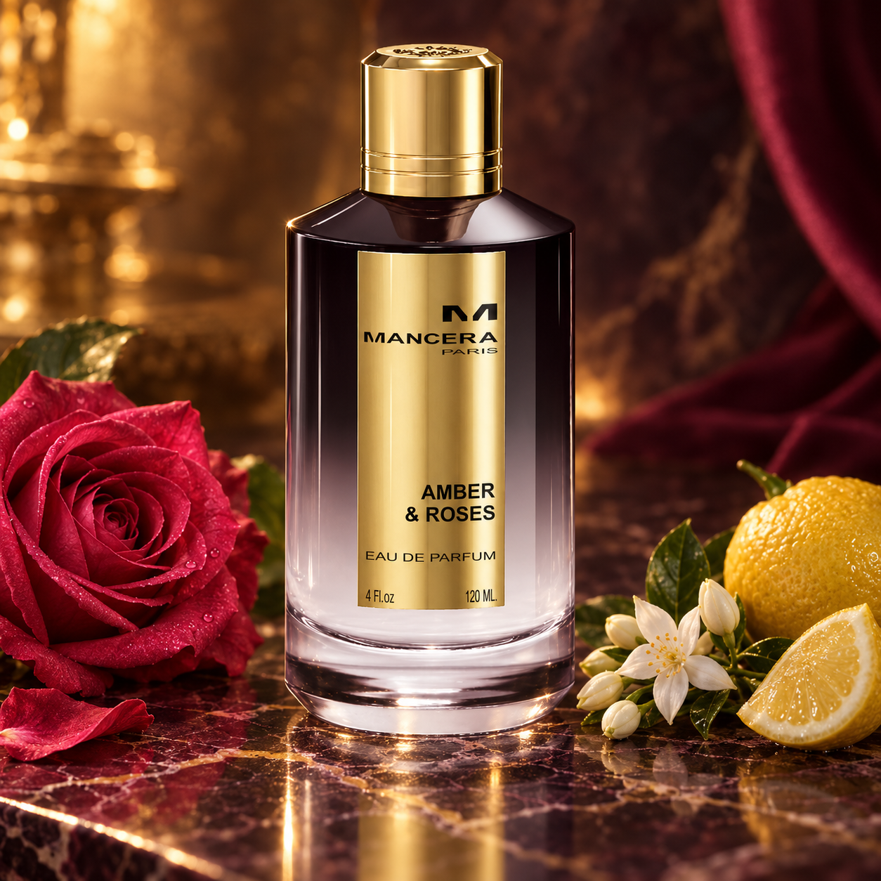 Mancera Amber & Roses stands beside a red rose, white jasmine, and Sicilian lemon on burgundy marble in warm golden light.