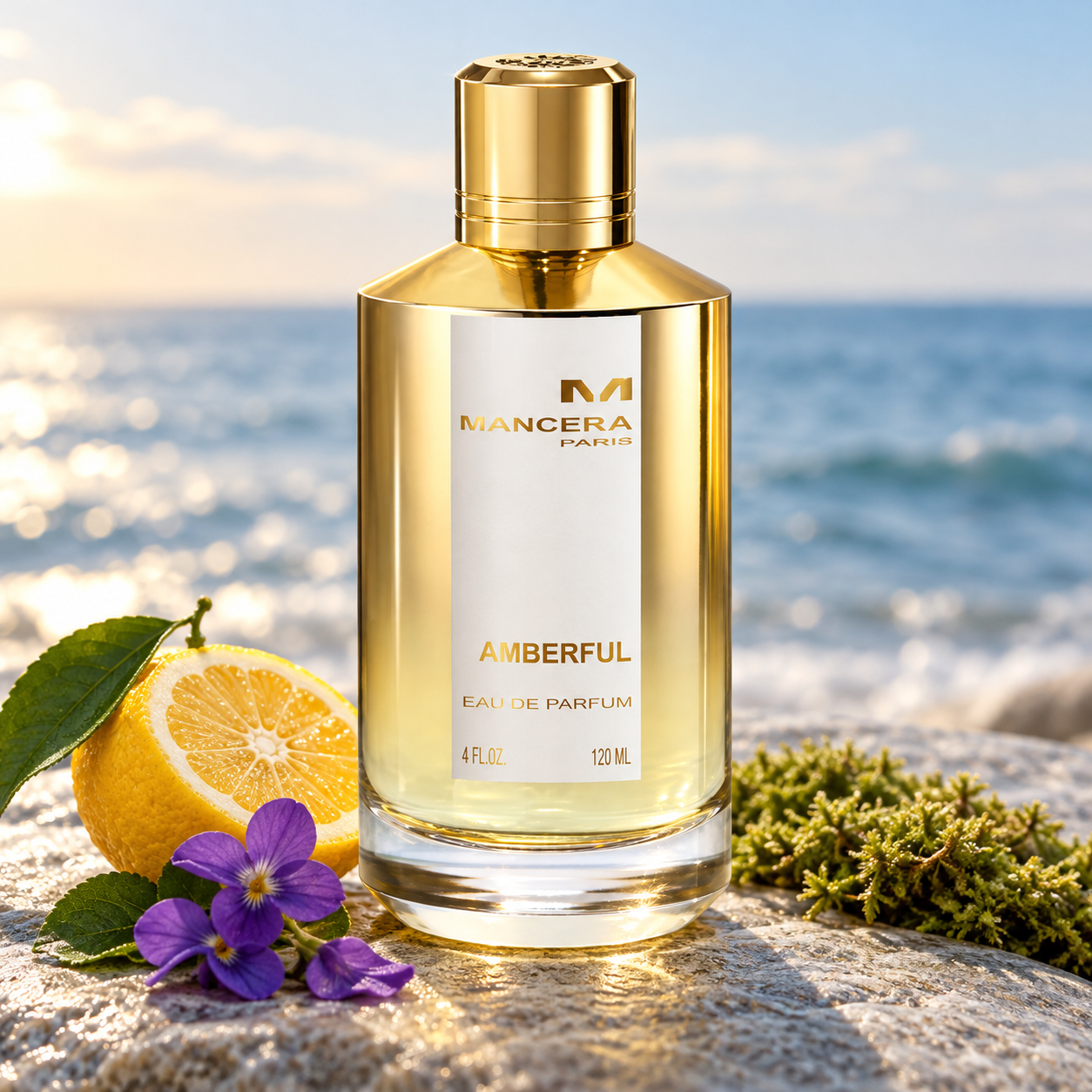 Gold Mancera Amberful bottle beside sliced yuzu, purple violets, and moss on coastal stone, with a softly blurred sea in warm sunlight.