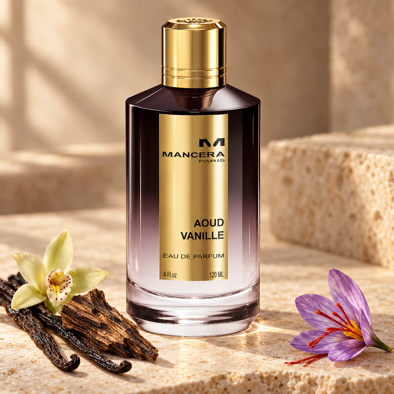 Mancera Aoud Vanille beside vanilla pods, a cream orchid, oud wood, and a saffron crocus on travertine in warm golden light.