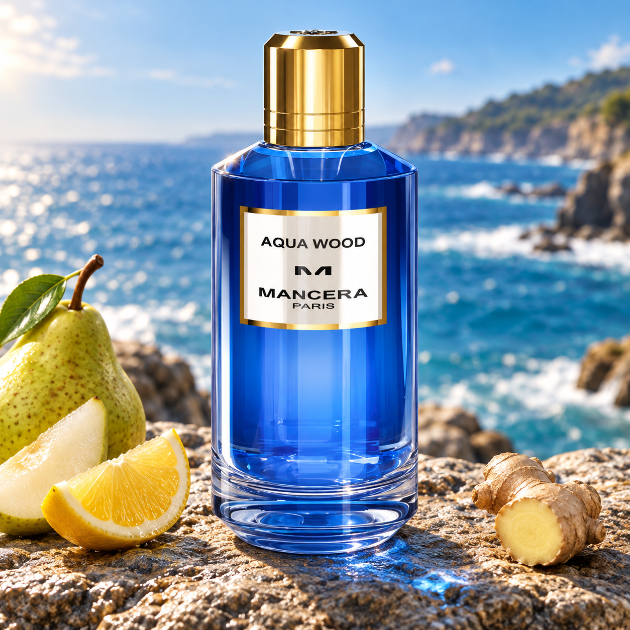 Mancera Aqua Wood on sunlit coastal rock beside pear, lemon, and fresh ginger, overlooking blue ocean waves and rugged cliffs.