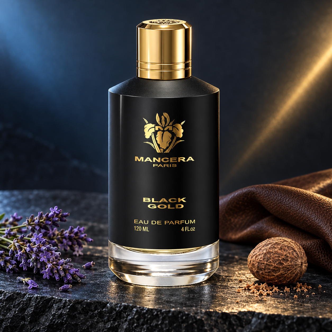 Mancera Black Gold beside lavender, nutmeg, and brown leather on charcoal stone, with cool blue and warm gold lighting.