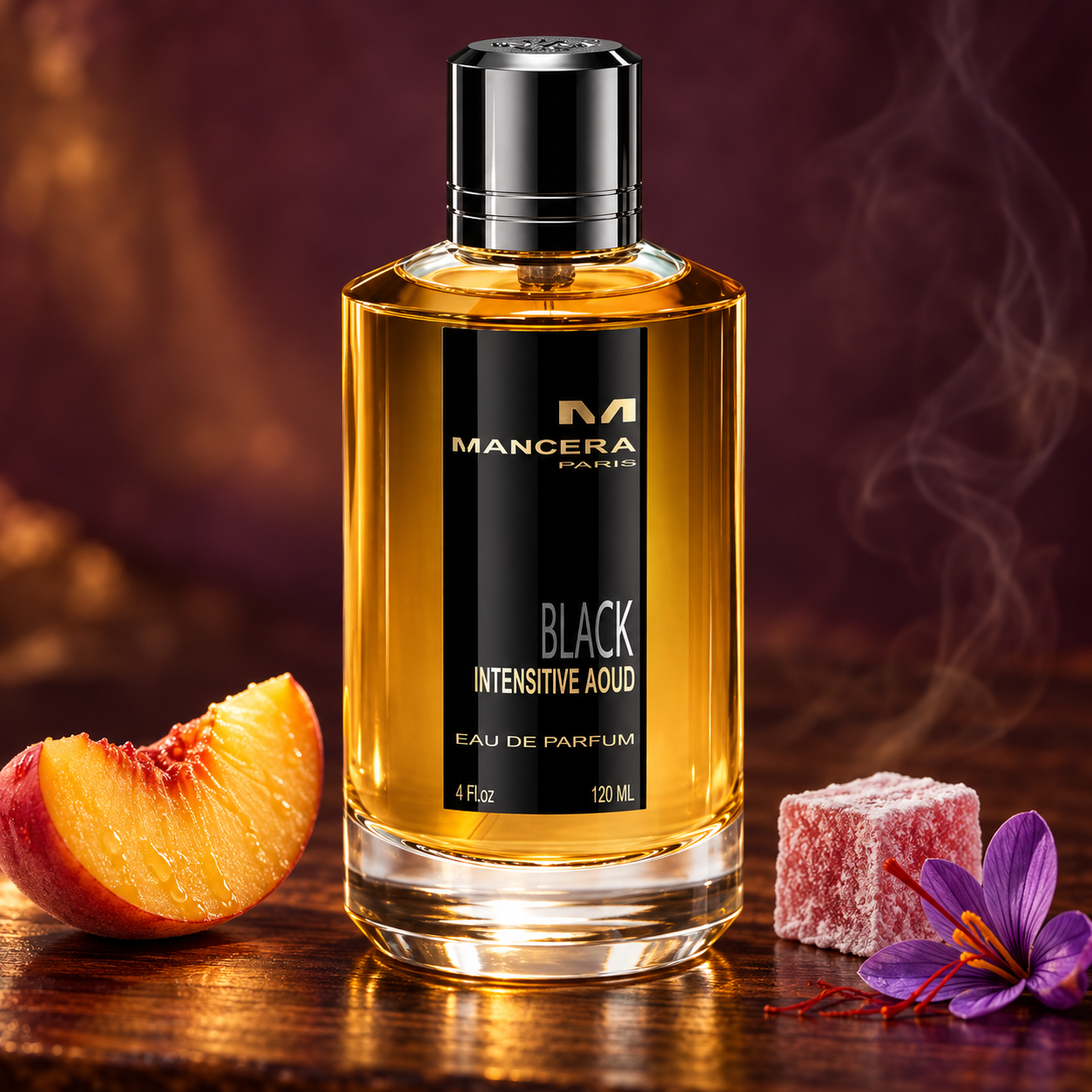 Mancera Black Intensitive Aoud beside a large peach wedge, rose Turkish delight, and saffron crocus on dark wood with warm amber light.