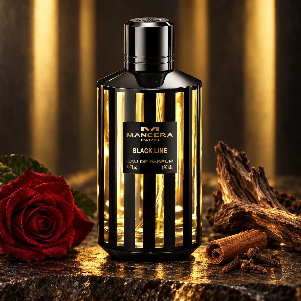 Mancera Black Line beside a red rose, cinnamon, cloves, and guaiac wood on dark stone, with golden vertical light behind it.