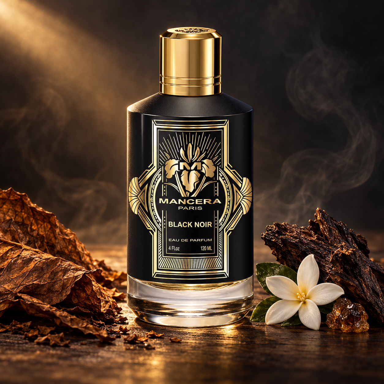 Mancera Black Noir beside tobacco leaves, oud wood, and a white tiare blossom on dark wood in smoky amber light.