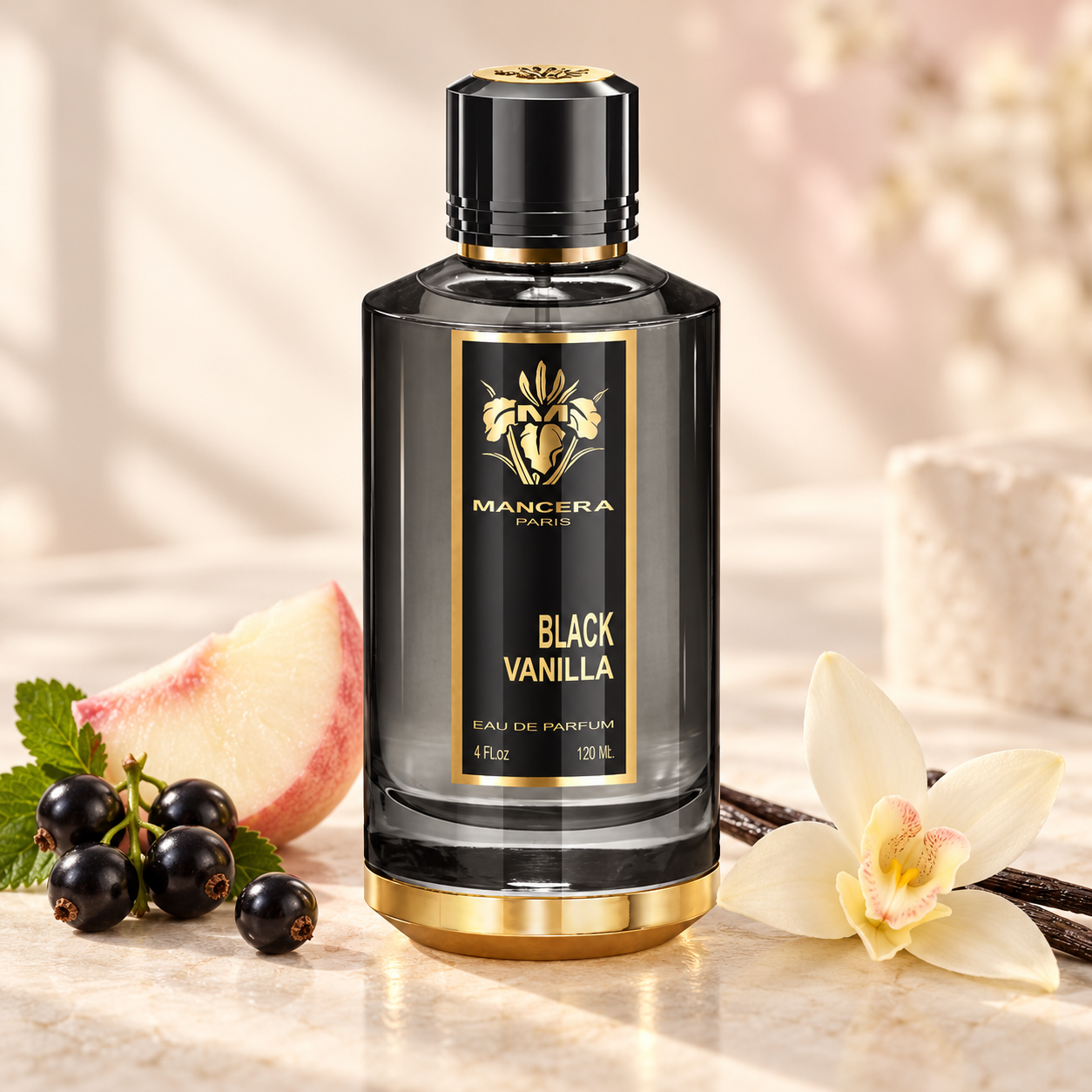 Mancera Black Vanilla on cream stone with blackcurrants, a white-peach wedge, vanilla pods, and a pale orchid in soft daylight.