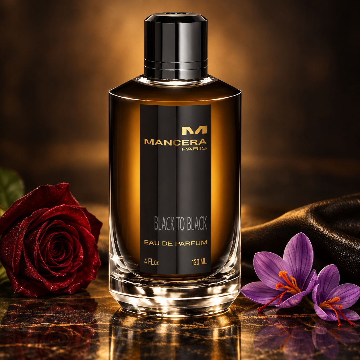 Mancera Black to Black on dark reflective stone beside a burgundy rose, purple saffron crocuses, and folded black leather under warm amber lighting.