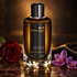 Mancera Black to Black on dark reflective stone beside a burgundy rose, purple saffron crocuses, and folded black leather under warm amber lighting.