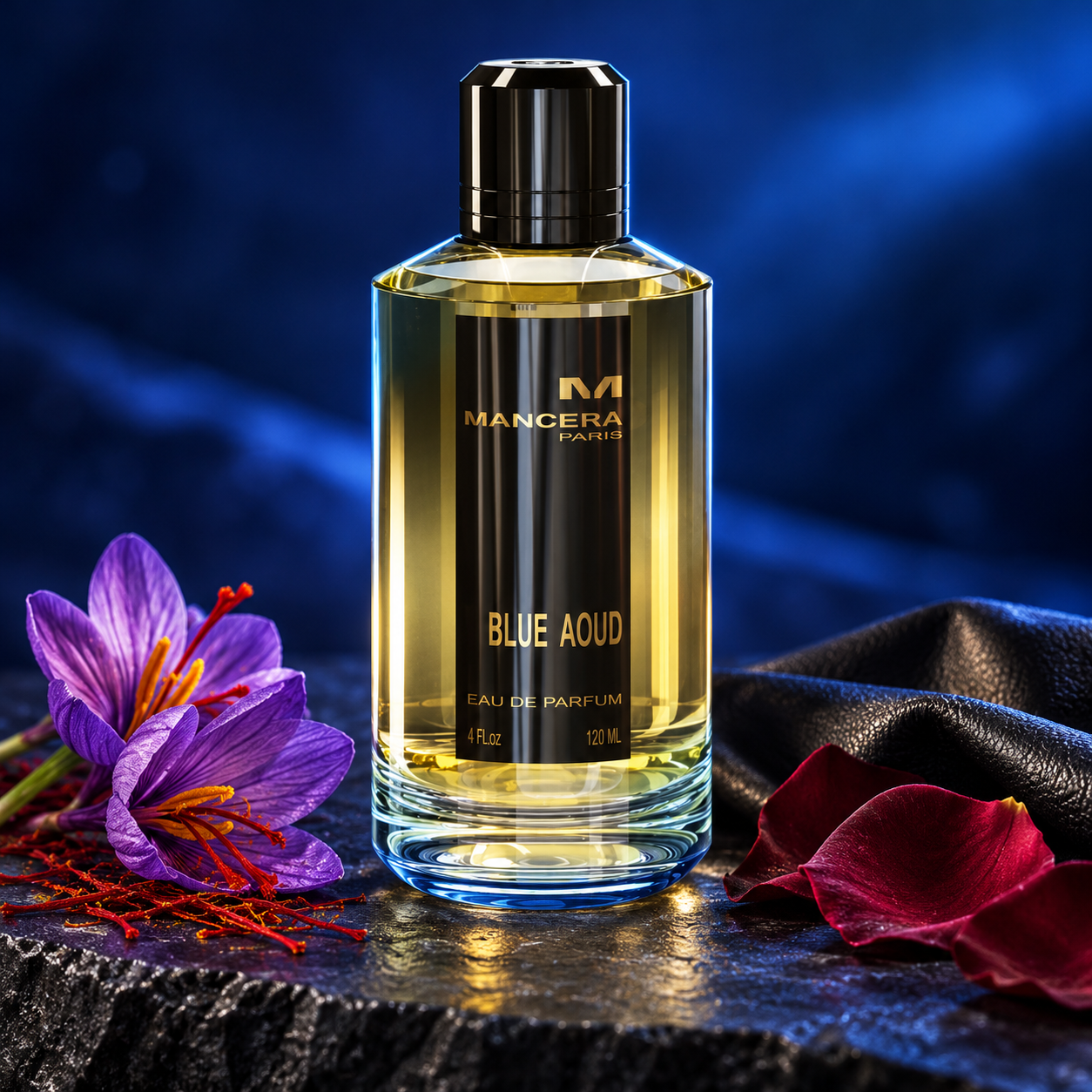 Mancera Blue Aoud on dark stone with saffron crocuses, burgundy rose petals, and black leather under deep blue lighting.