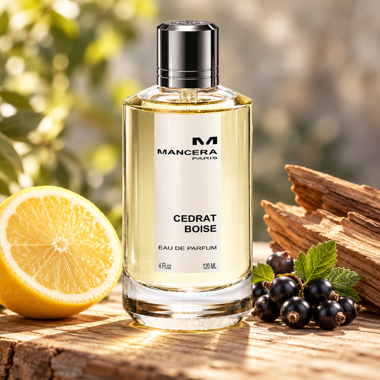 Mancera Cedrat Boise beside a lemon half, blackcurrants, and cedar wood on a sunlit wooden surface.