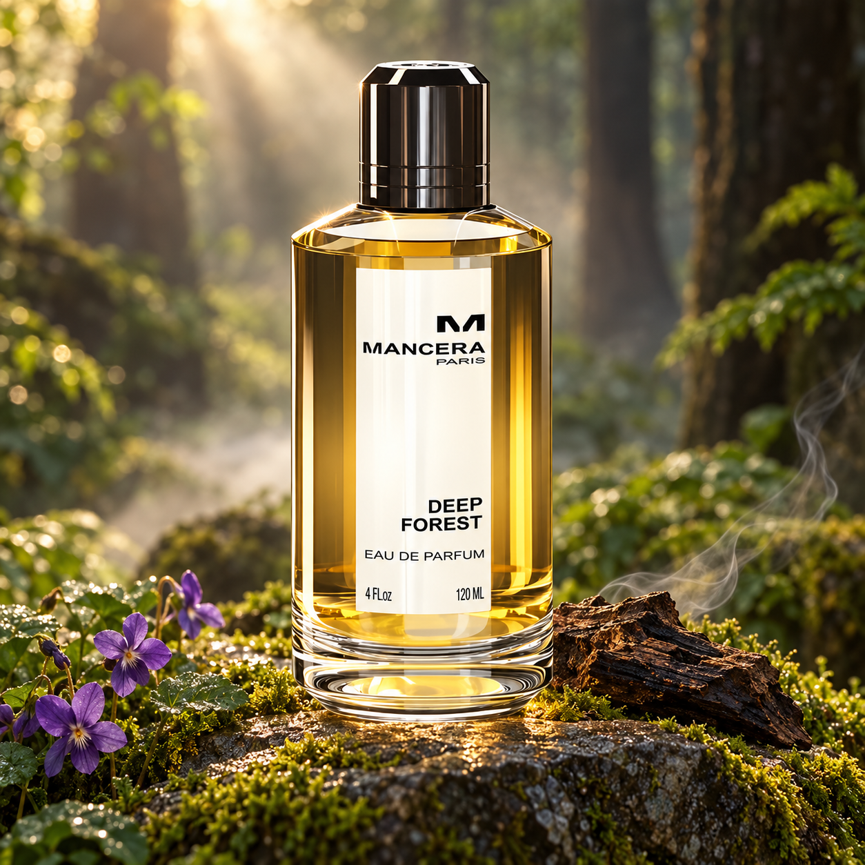 Mancera Deep Forest bottle on mossy stone with violet flowers, dark wood and wisps of smoke in sunlit woodland.
