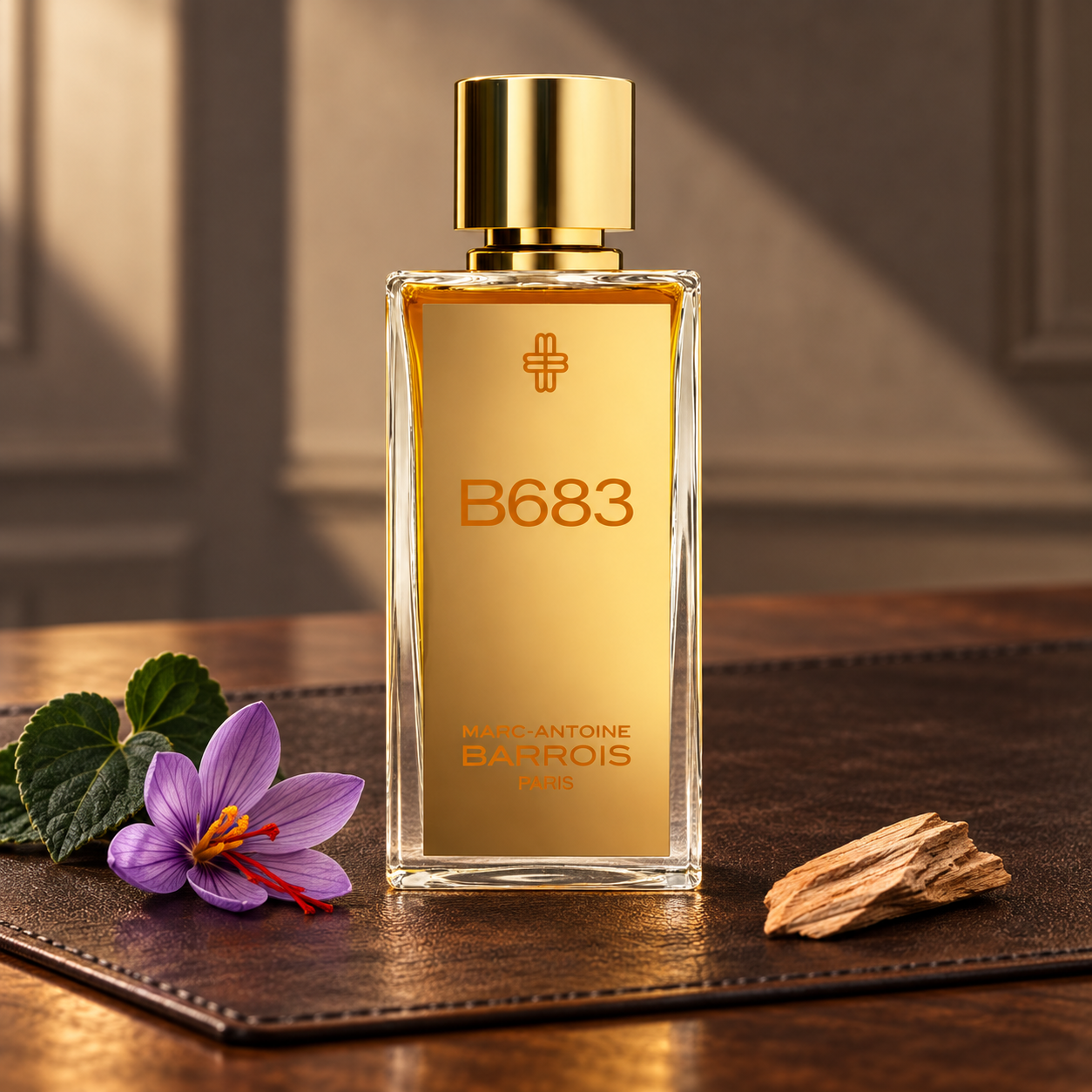 Marc-Antoine Barrois B683 on a brown leather desk blotter beside saffron crocus, green leaves, and sandalwood in warm light.