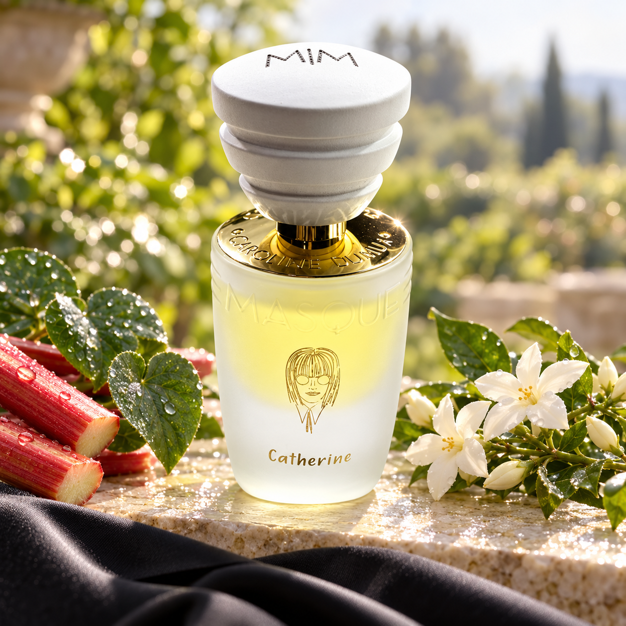 Masque Milano Catherine beside dewy rhubarb, violet leaves, and white jasmine, with black satin draped across a sunlit garden ledge.