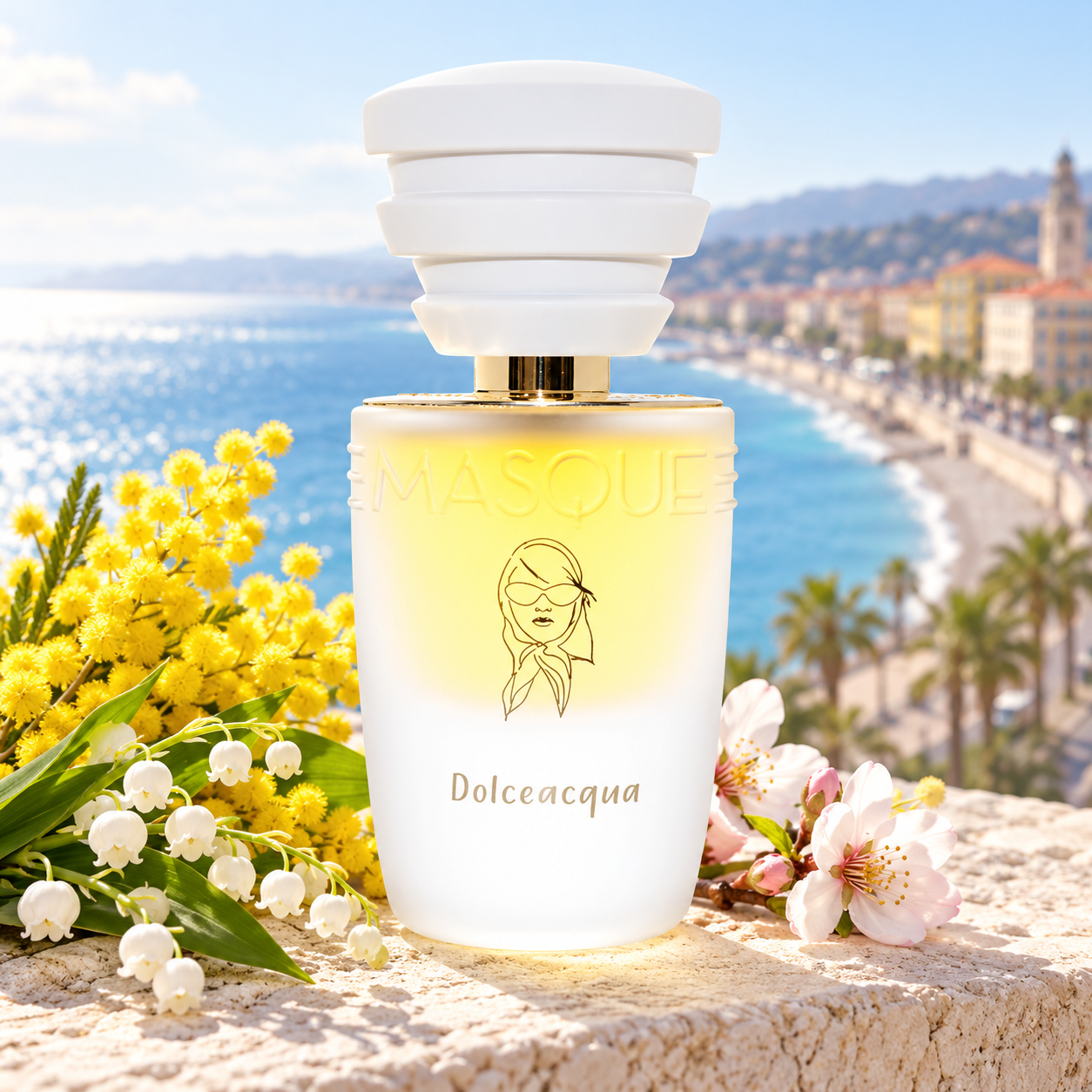 Masque Milano Dolceacqua bottle with mimosa, lily-of-the-valley and almond blossom on sunny stone overlooking Nice’s seafront.