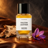 Matiere Premiere Falcon Leather bottle on cognac leather with birch bark and saffron crocus in warm smoky light.