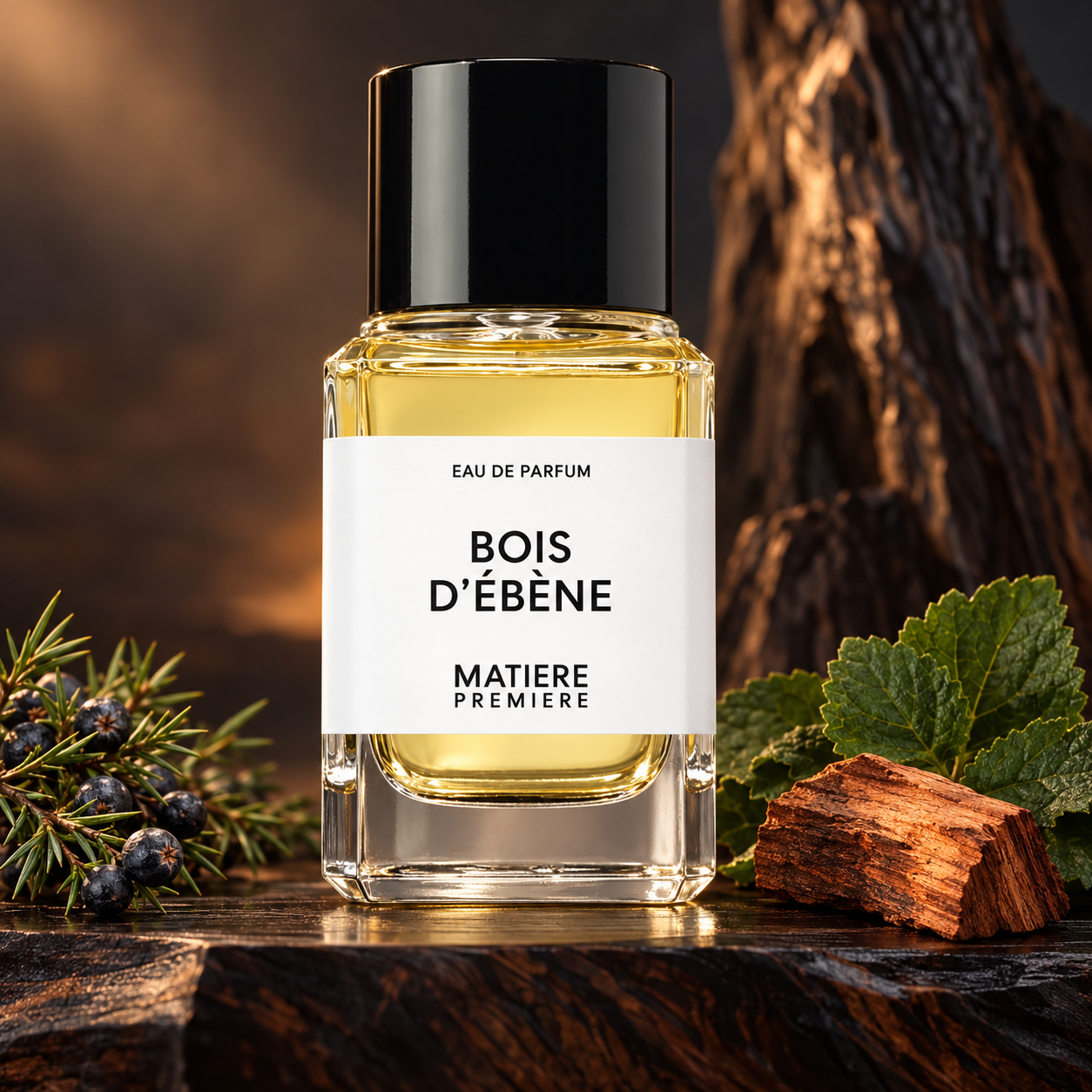 Matière Première Bois d’Ébène on dark wood beside juniper berries, patchouli leaves, and reddish wood, illuminated by warm amber light.