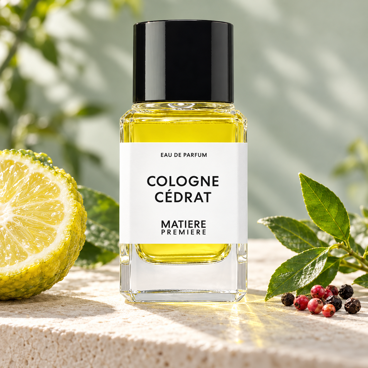 Matière Première Cologne Cédrat bottle on sunlit limestone beside a bergamot half, green leaves, and pink and black peppercorns.