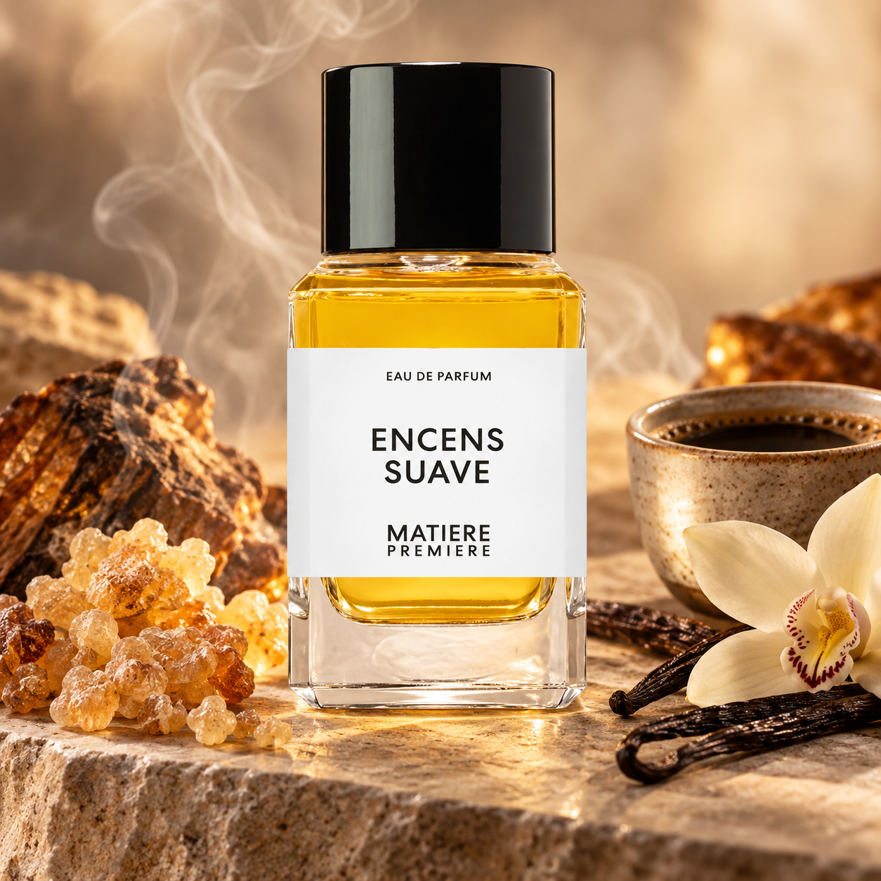 Matiere Premiere Encens Suave Eau de Parfum with incense resin, black coffee and a vanilla orchid on warm pale stone.