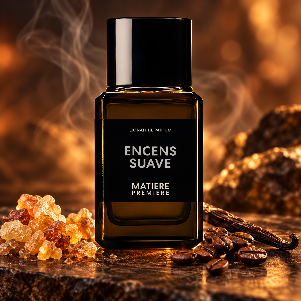 Matiere Premiere Encens Suave Extrait de Parfum with incense resin, coffee beans and vanilla on dark stone in amber light.