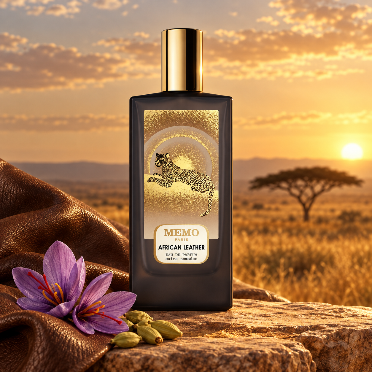 Memo Paris African Leather beside saffron flowers, cardamom pods, and brown leather on sandstone overlooking a golden savanna at sunset.
