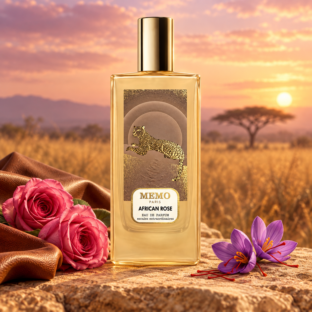 Memo Paris African Rose beside pink roses, saffron flowers, and brown leather on sandstone against a softly lit golden savanna.