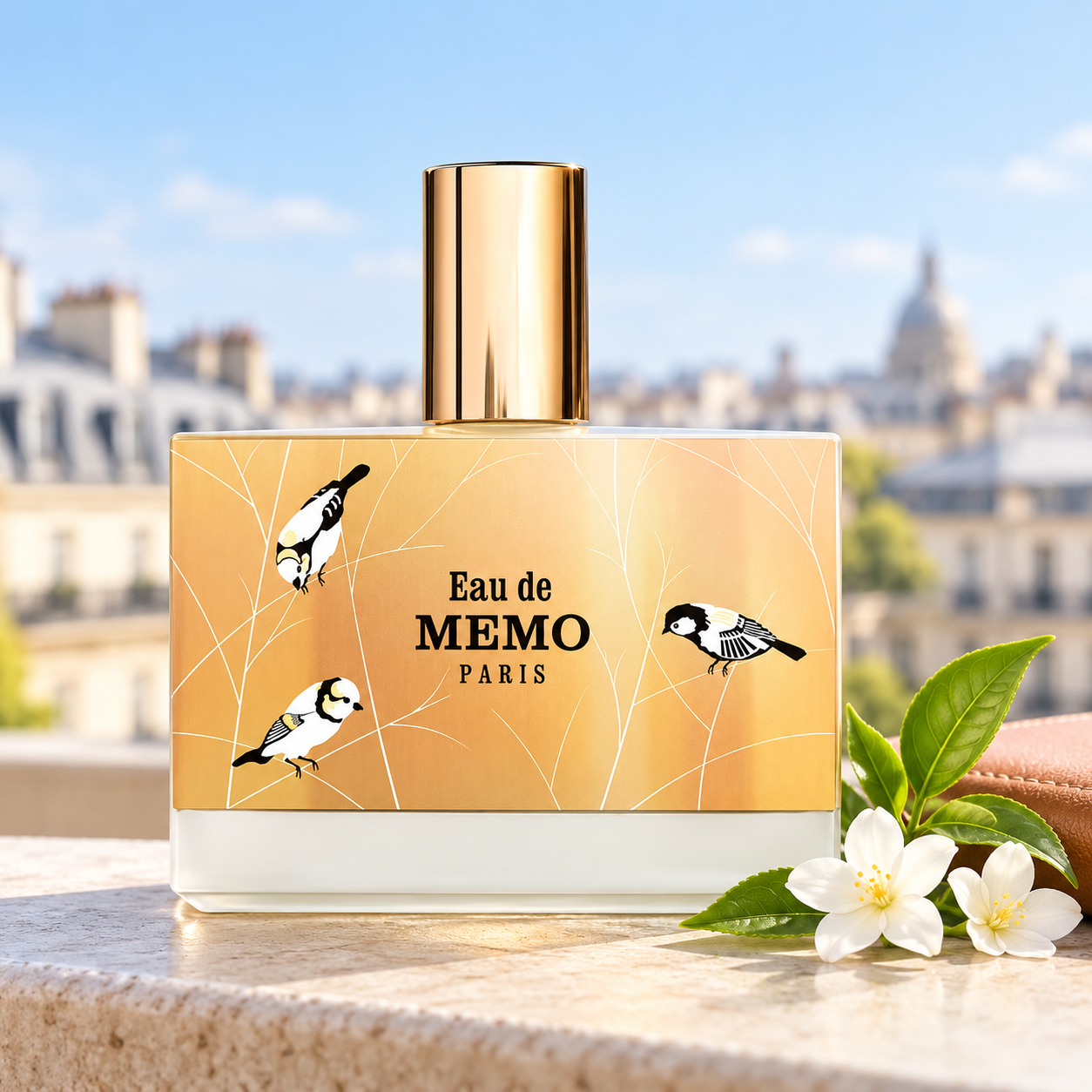 Memo Paris Eau de Memo bird-decorated bottle with fresh tea leaves and white jasmine on a sunlit Parisian balcony ledge.