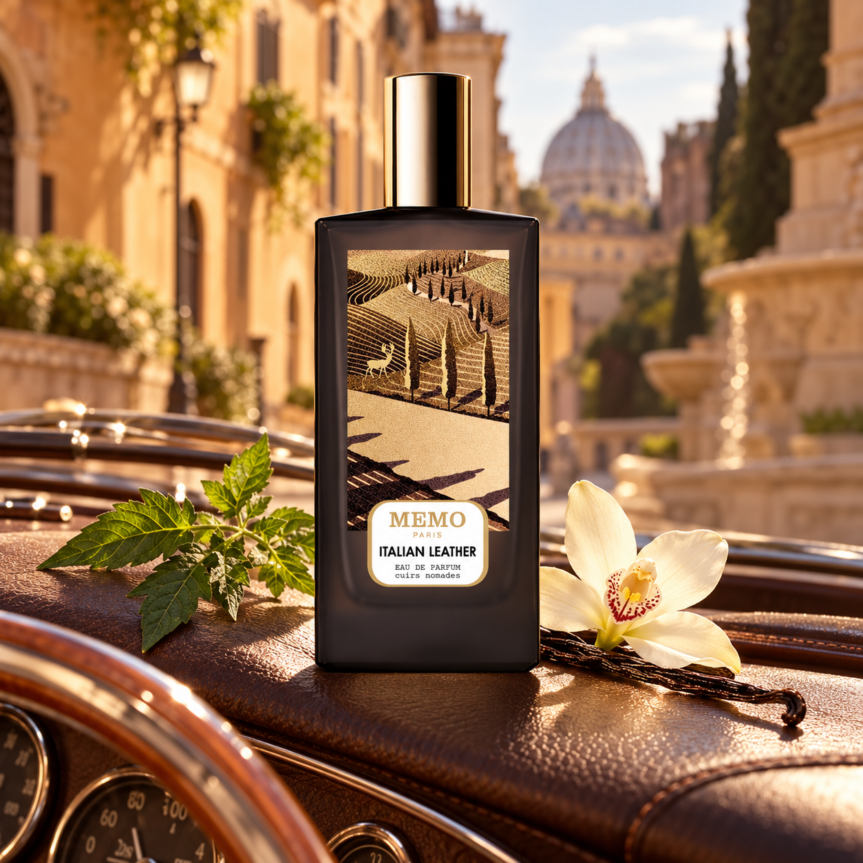 Memo Paris Italian Leather on a brown leather cabriolet console with tomato leaves and vanilla, overlooking softly blurred Roman architecture.
