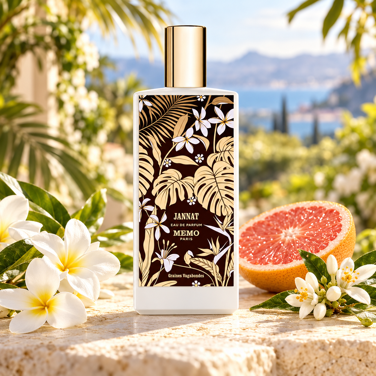Memo Paris Jannat on sunlit stone with frangipani, orange blossoms and a grapefruit half in an airy garden setting.