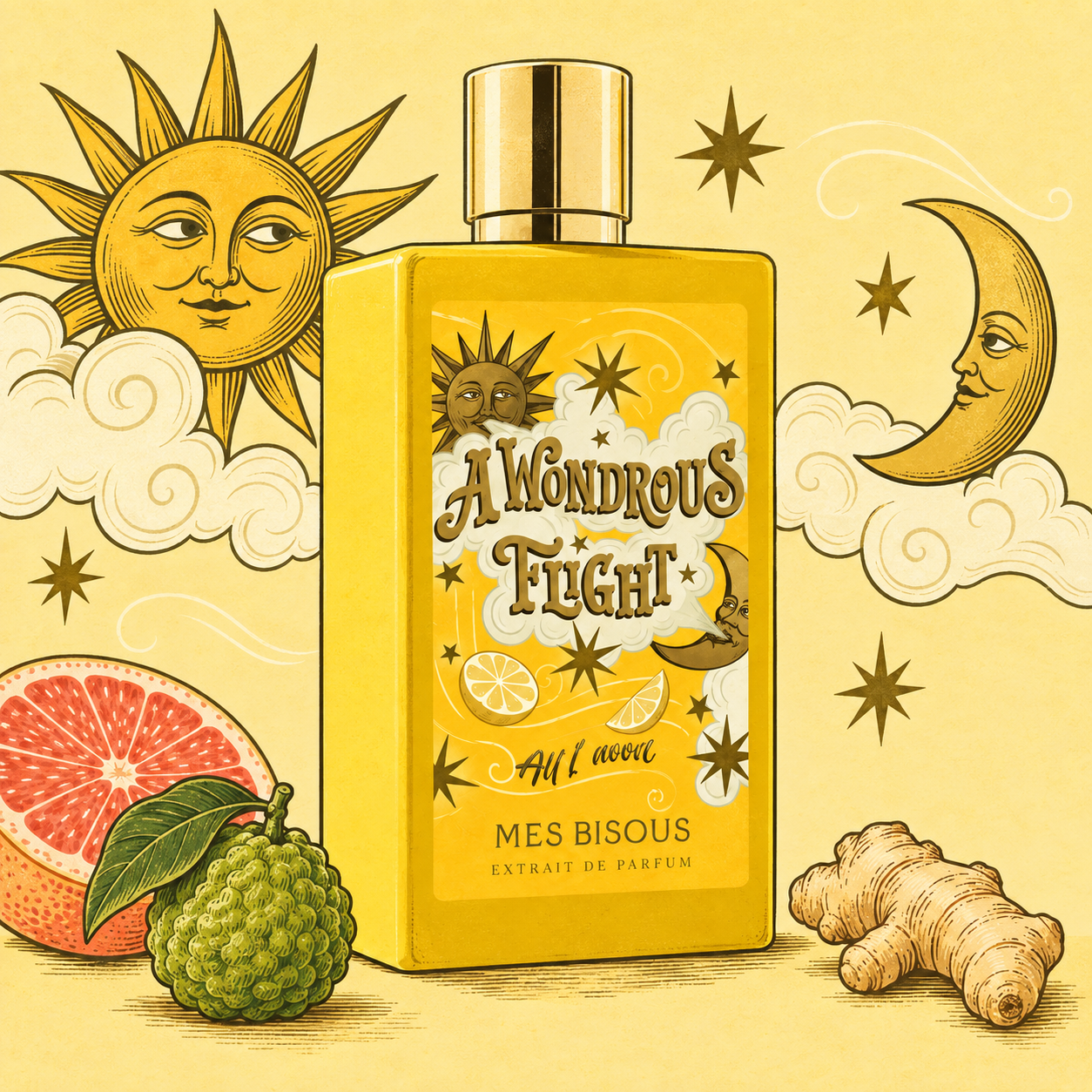 Illustrated yellow Mes Bisous bottle surrounded by a smiling sun, crescent moon, clouds, citrus, and ginger.