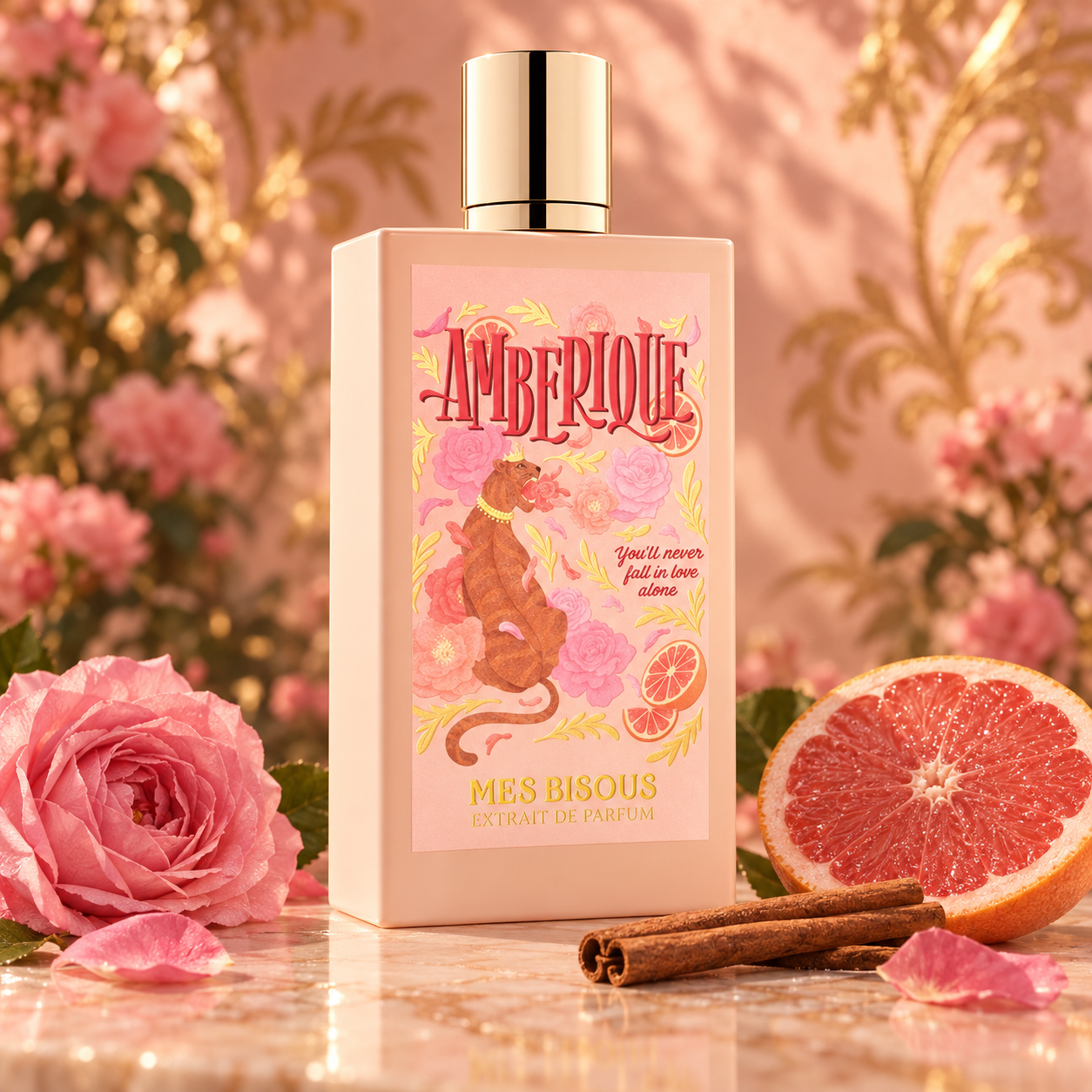 Peach Mes Bisous Amberique bottle with crowned tiger artwork beside a pink rose, grapefruit, and cinnamon sticks in a softly lit pink and gold setting.