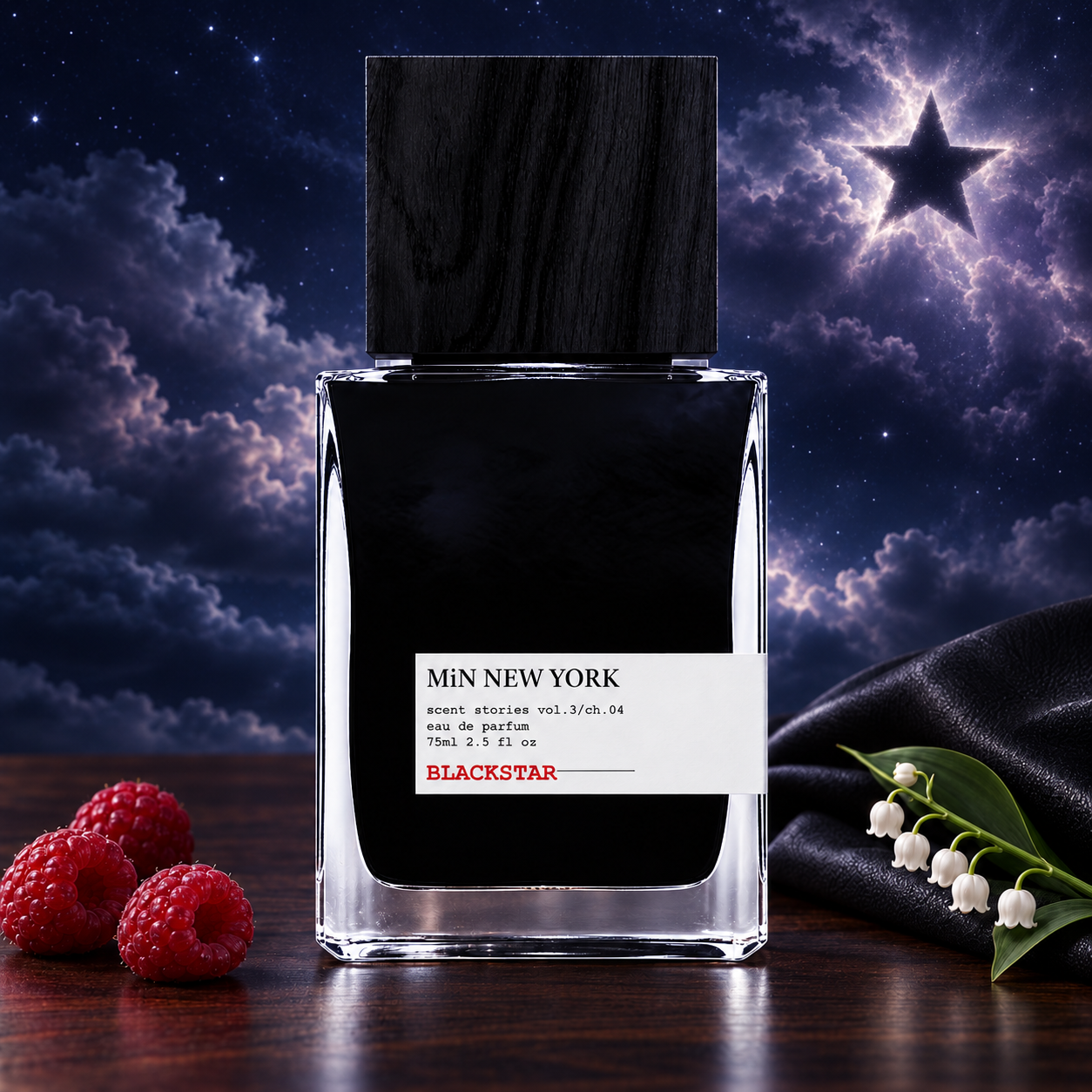 MiN NEW YORK Blackstar with raspberries, lily-of-the-valley, and black leather beneath a cloudy night sky featuring a black star.
