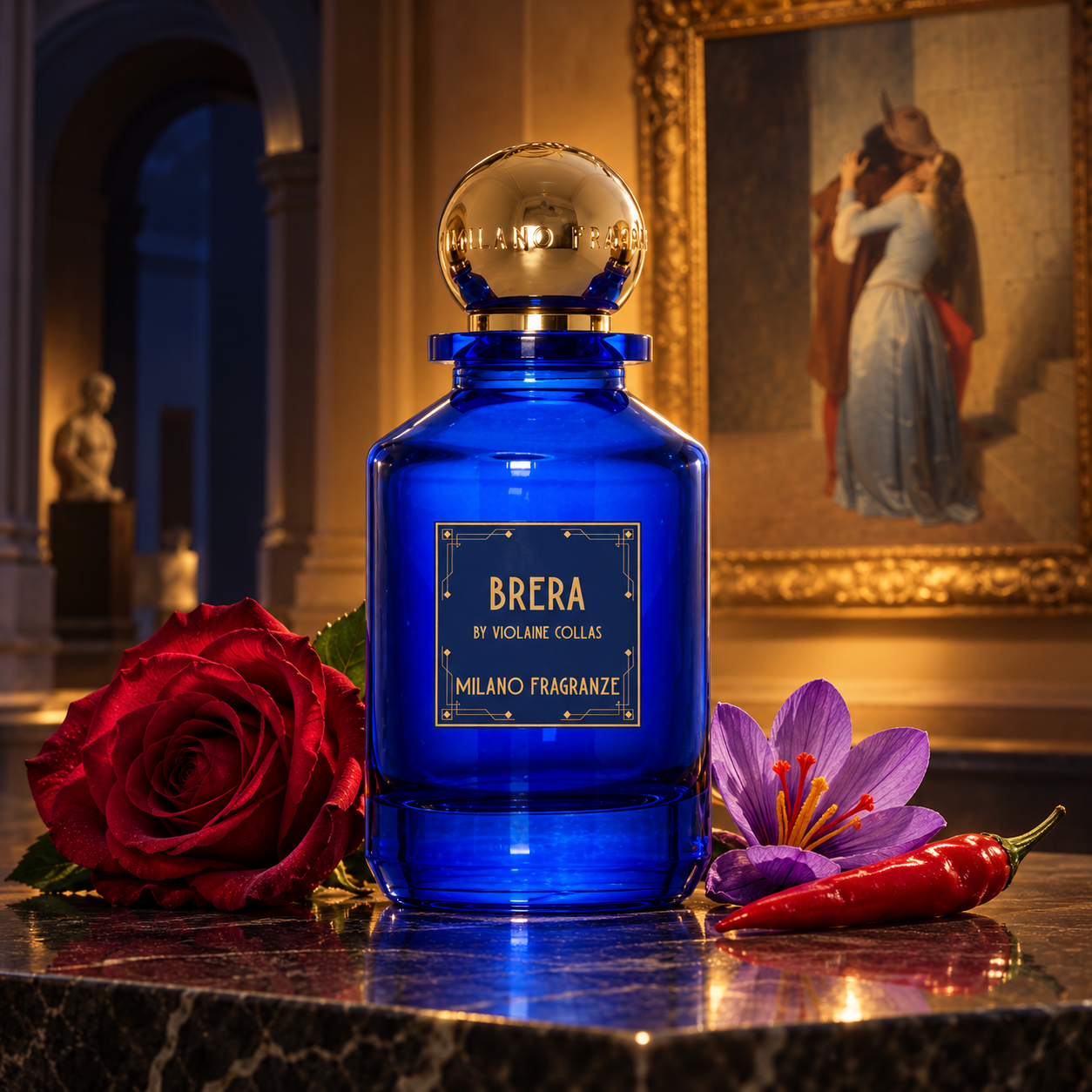 Milano Fragranze Brera beside a red rose, saffron crocus, and chili pepper in a warmly lit gallery with Hayez’s The Kiss behind.