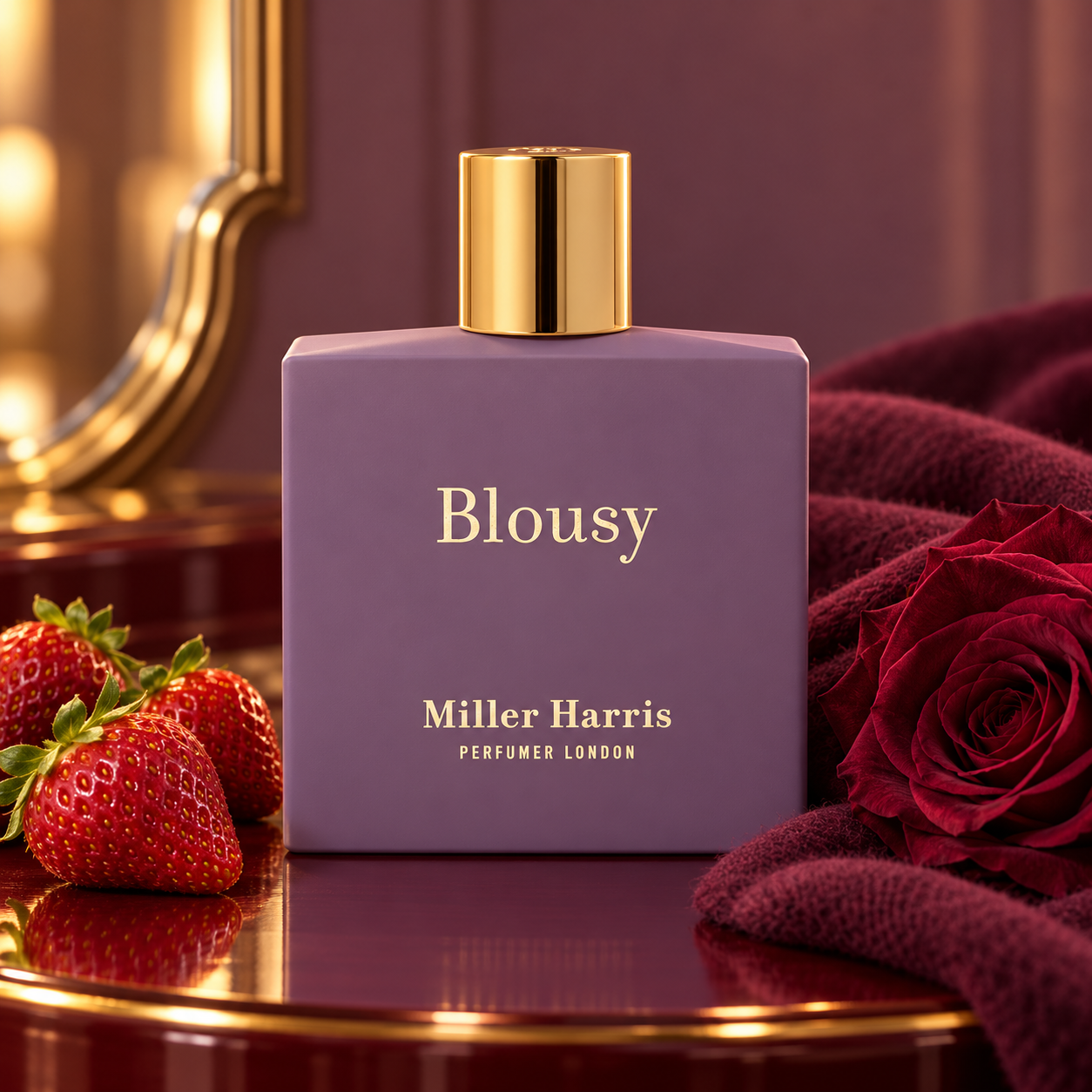 Miller Harris Blousy on a burgundy dressing table beside strawberries, a dark red rose, and cashmere, with a softly lit gold mirror behind it.