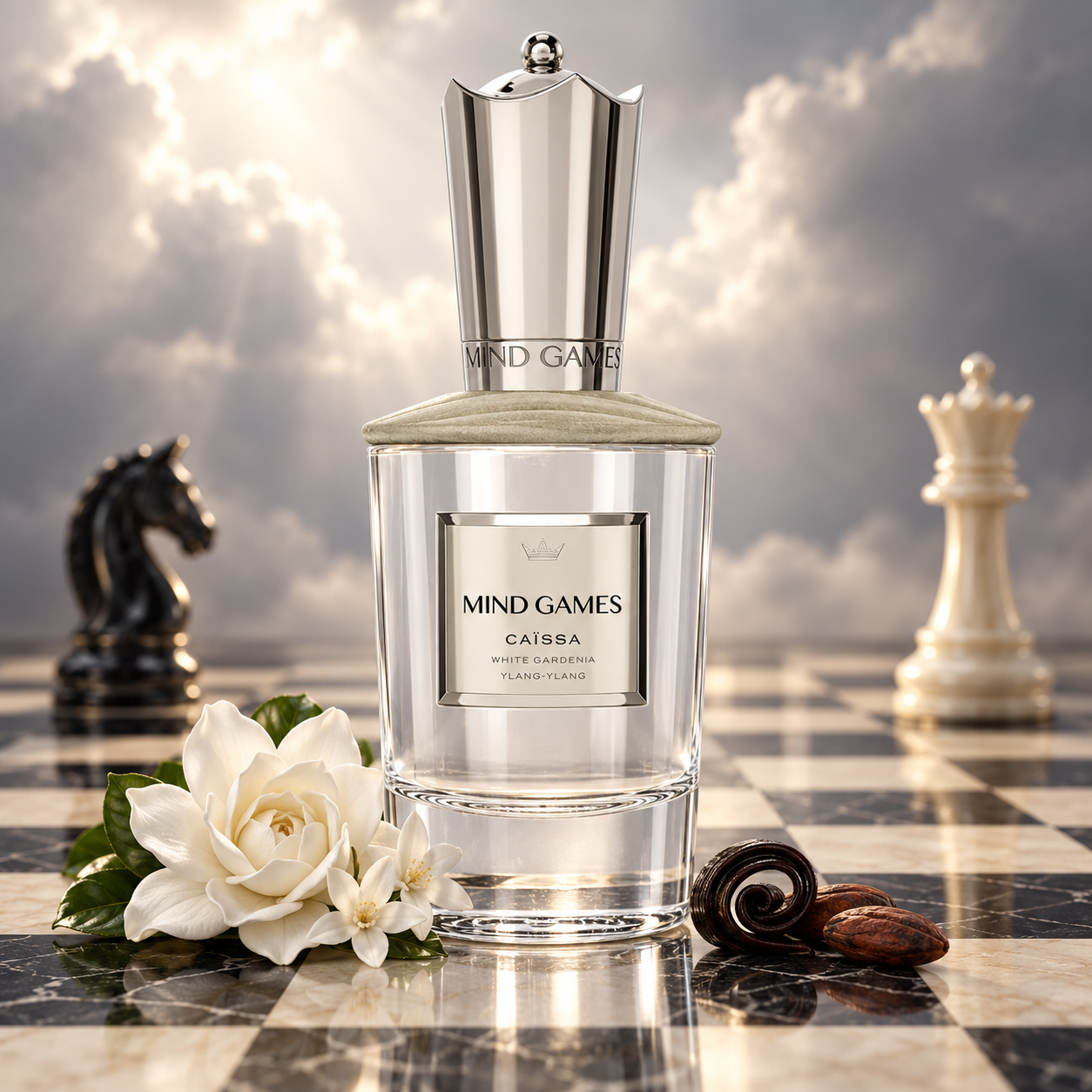 Mind Games Caïssa on a marble chessboard with white flowers, licorice, cocoa beans, and softly lit chess pieces beneath luminous clouds.