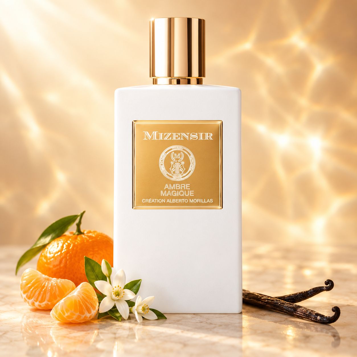Mizensir Ambre Magique on pale stone with mandarin, white orange blossoms, and vanilla pods against softly patterned golden light.