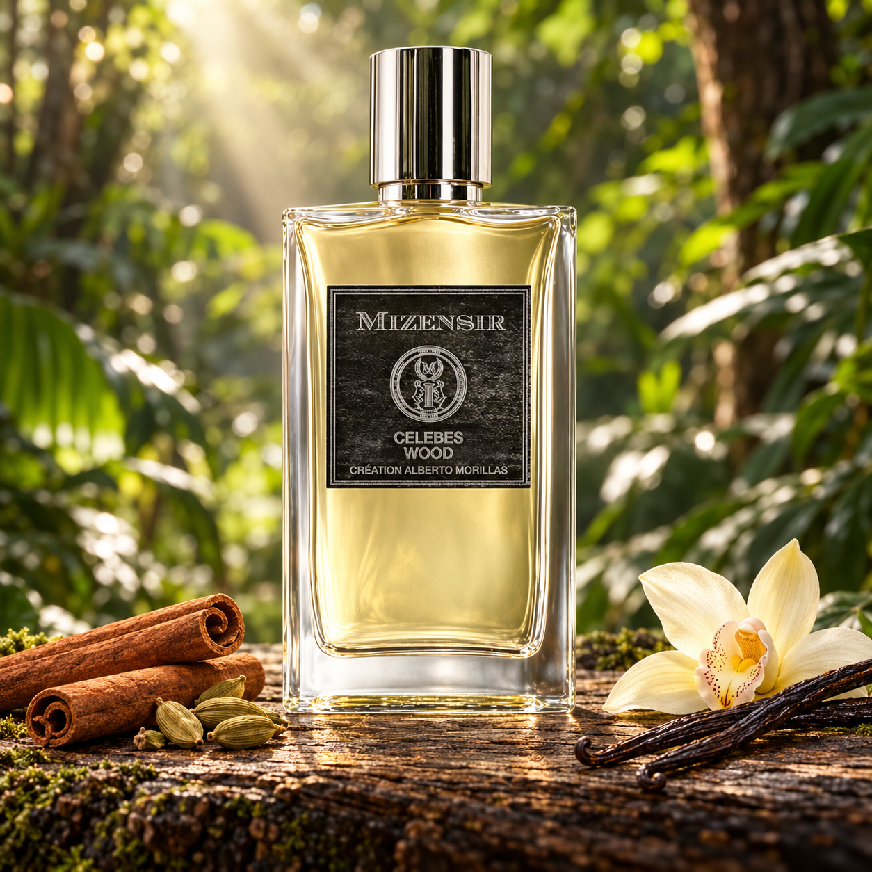 Mizensir Celebes Wood beside cinnamon, cardamom, and vanilla pods with an orchid on a wooden ledge in a sunlit jungle setting.