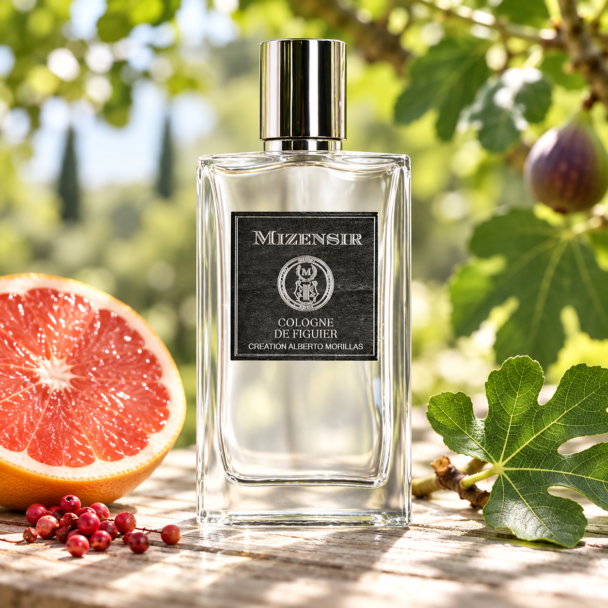 Mizensir Cologne de Figuier bottle on sunlit wood beside a grapefruit half, fig leaf, and pink peppercorns beneath leafy branches.