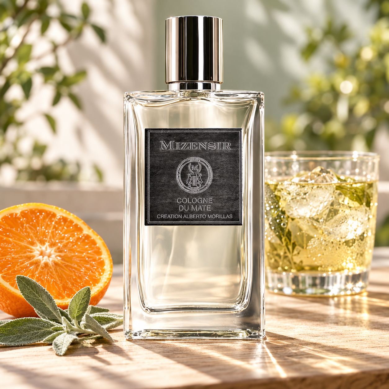 Mizensir Cologne du Maté bottle on sunlit wood beside a mandarin half, sage sprig, and glass of iced maté.