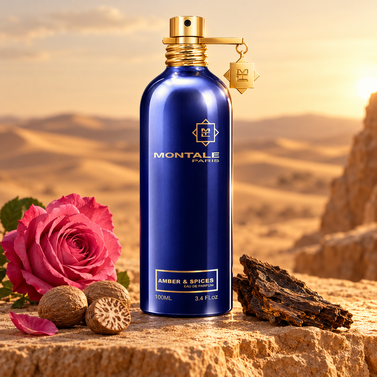 Montale Amber & Spices’ cobalt-blue bottle stands beside a pink rose, nutmeg, and oud wood on sandstone overlooking golden desert dunes.