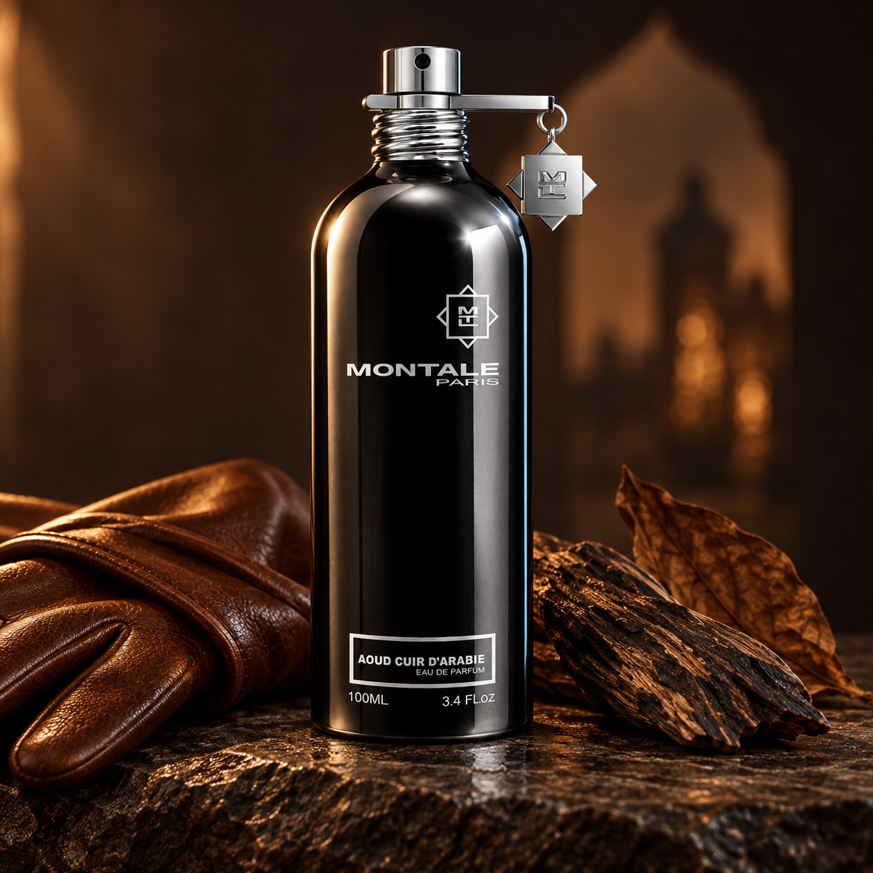 Montale Aoud Cuir d’Arabie beside brown leather gloves, oud wood, and a tobacco leaf on dark stone in warm amber light.