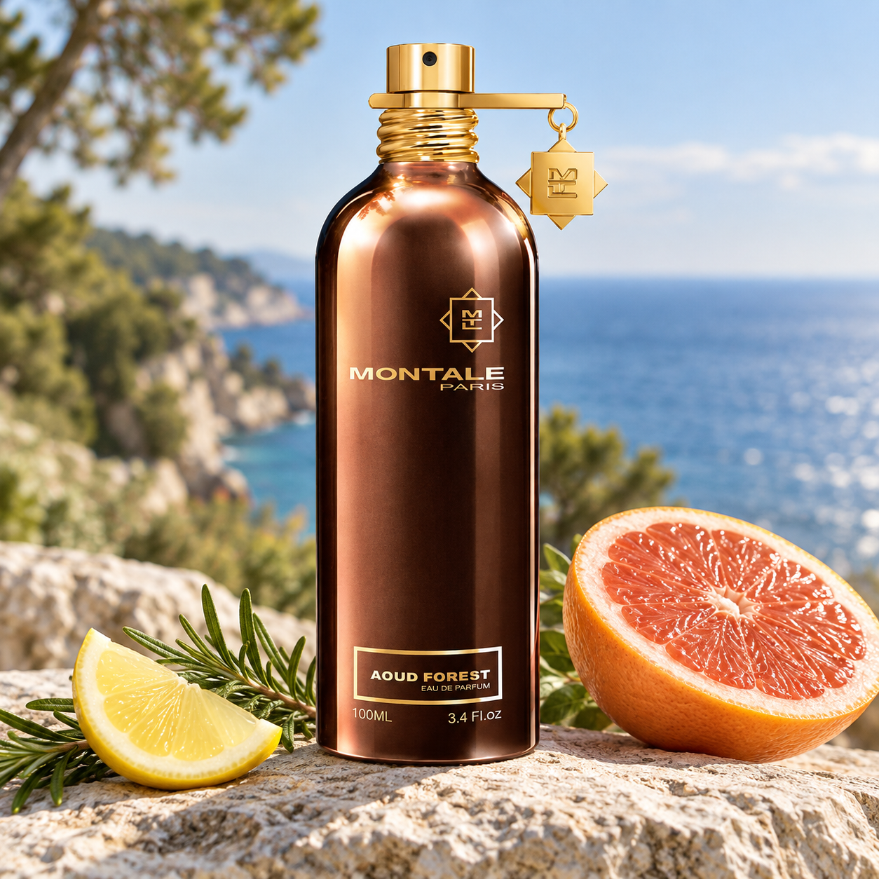 Montale Aoud Forest beside lemon, grapefruit, and rosemary on sunlit stone, overlooking a wooded coastline and blue sea.